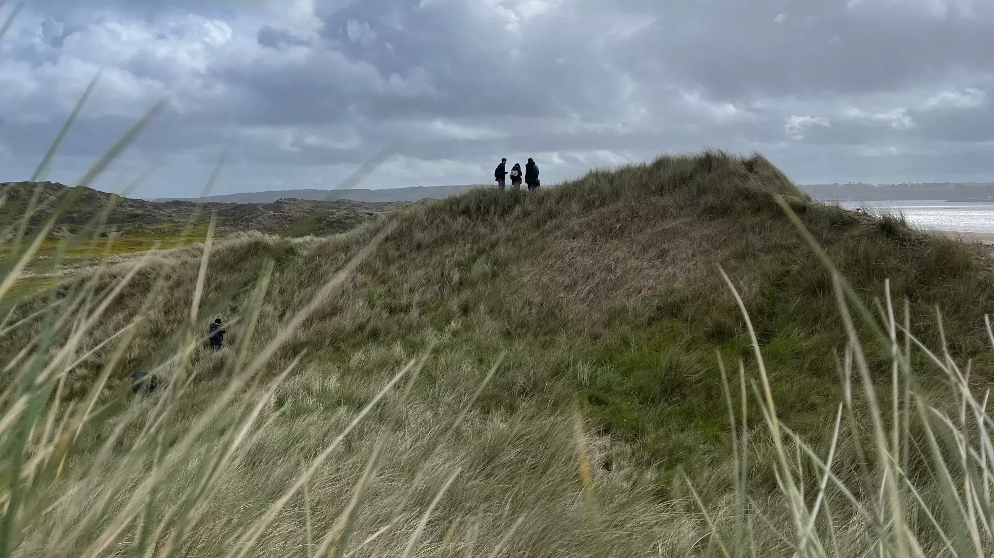 A trio of people standing on top of grassy sand dunes