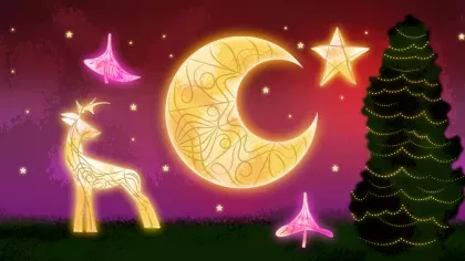Deer, stars and moon lanterns with Christmas tree on purply night sky