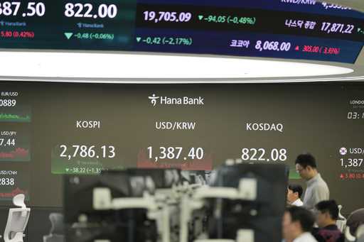 A currency trader passes by the screen showing the Korea Composite Stock Price Index…