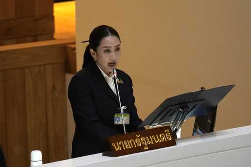 Thailand's Prime Minister Paetongtarn Shinawatra reads the policy statement at parliament in Bangko…