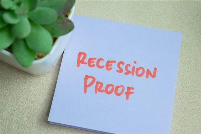 Recession Proof written on sticky notes isolated on Wooden Table.