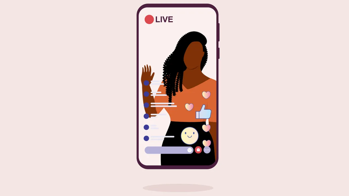 An influencer on a mobile phone having a live stream while receiving positive interactions from followers.