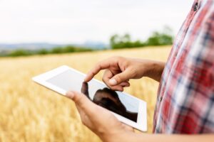 Closeup of person using tablet in a field