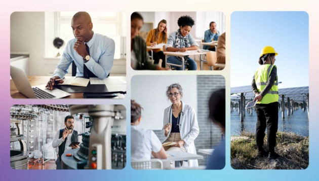 A decorative header image showing business professionals, frontline workers, and educators at work.