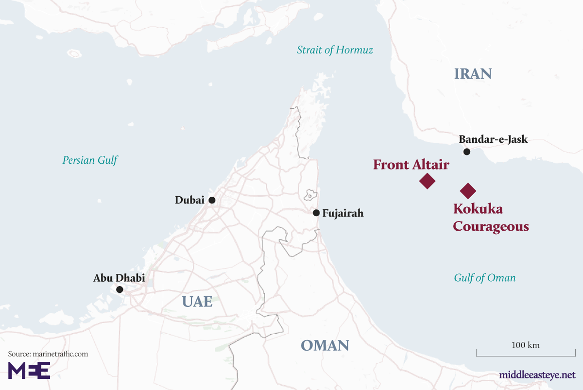 Two tankers evacuated after suspected attacks in the Gulf of Oman - Map
