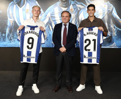 Jokin Aperribay, flanqueado por Oskarsson y Aguerd durante la presentación de las dos últimas incorporaciones blanquiazules.