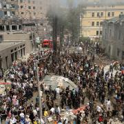 Rescuers search for victims after a Russian missile hit the country’s main children hospital Okhmadit in Kyiv, Ukraine (AP Photo/Anton Shtuka)