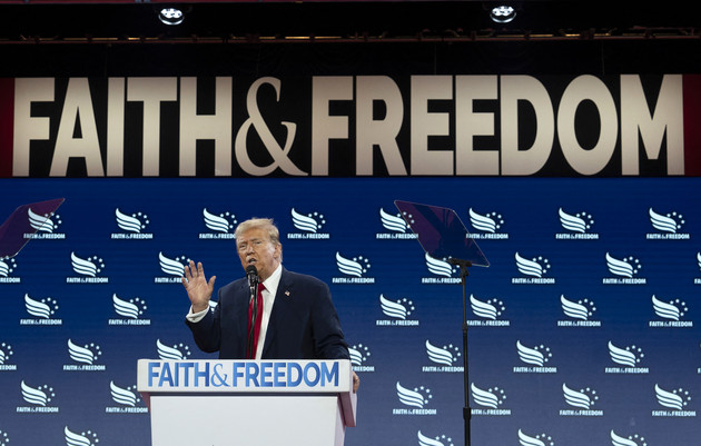 Donald Trump delivers the keynote address at a Faith & Freedom Coalition conference.