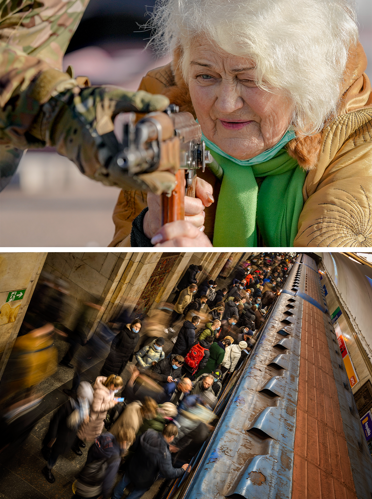 Top: An older woman practices aiming a gun, with the hand of a soldier seen also holding the gun in assistance. Bottom: A crowd of people waiting to board a train.