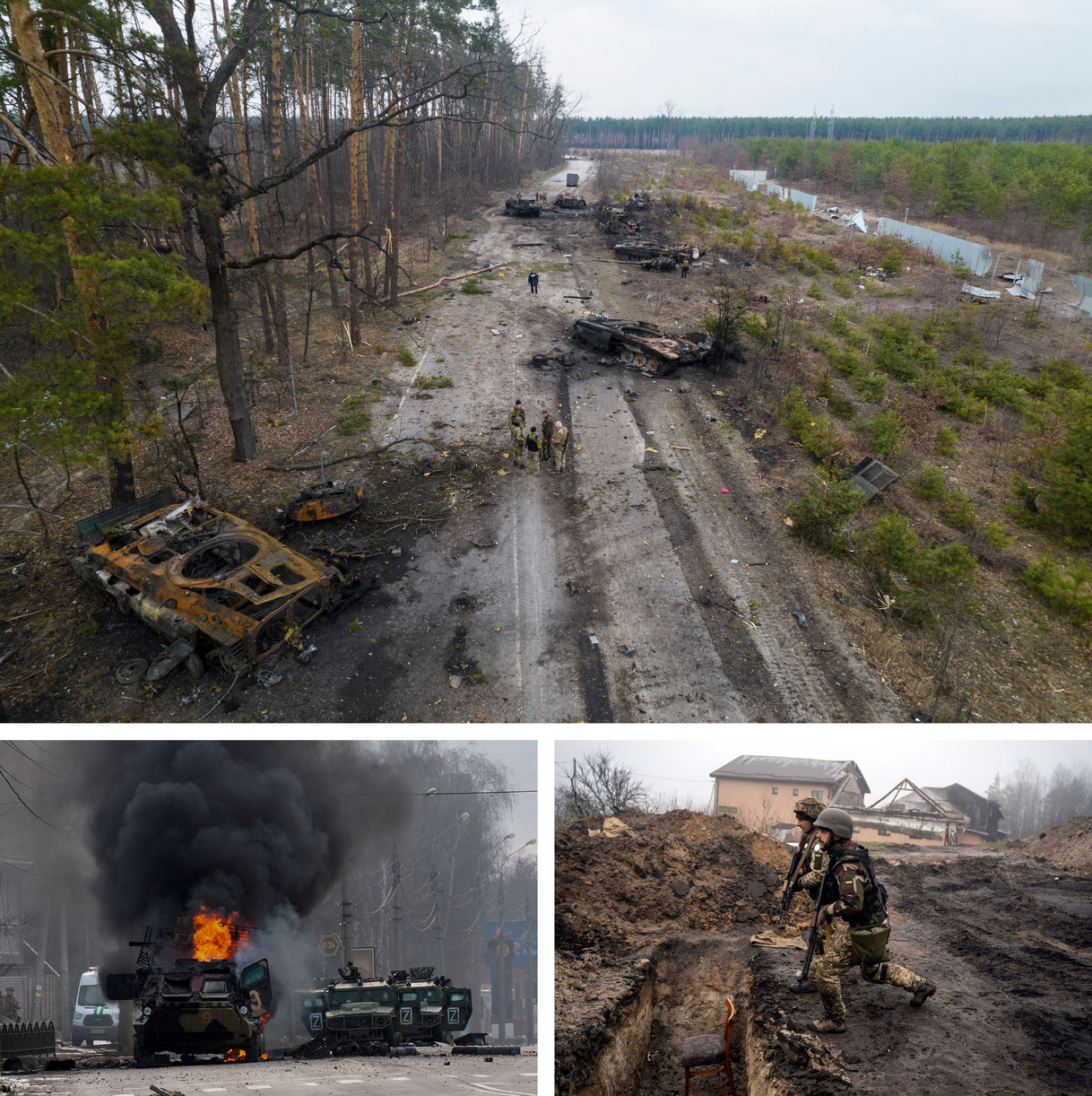Top: Ukrainian soldiers standing amid destroyed Russian armored vehicles on a road. Right: Ukrainian soldiers inspecting trenches used by Russian soldiers. Left: A Russian armored personnel carrier burning amid damaged and abandoned light utility vehicles.