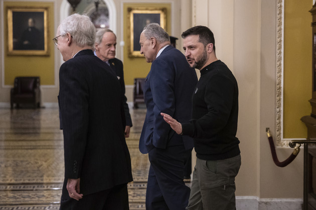 Ukraine President Volodymyr Zelenskyy walks with Senate Minority Leader Mitch McConnell and Senate Majority Leader Chuck Schumer at the U.S. Capitol.