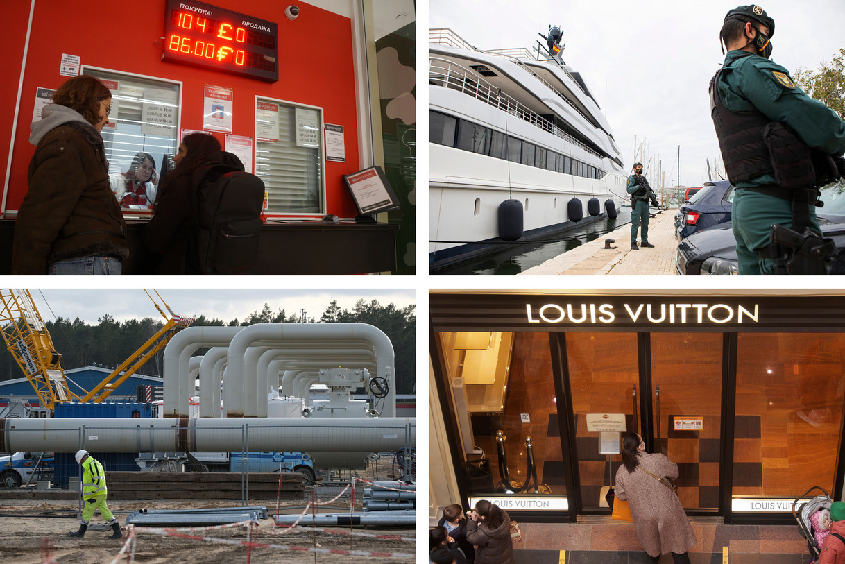 Clockwise from top left: People visiting a local bank branch with a screen showing the currency exchange rates of GBP and GPY to Russian Ruble; Civil Guards standing in front of the yacht linked to Russia oligarch Viktor Vekselberg; A woman looking through the glass doors of a closed Louis Vuitton boutique in Moscow; A workers walking past pipes at a construction site.