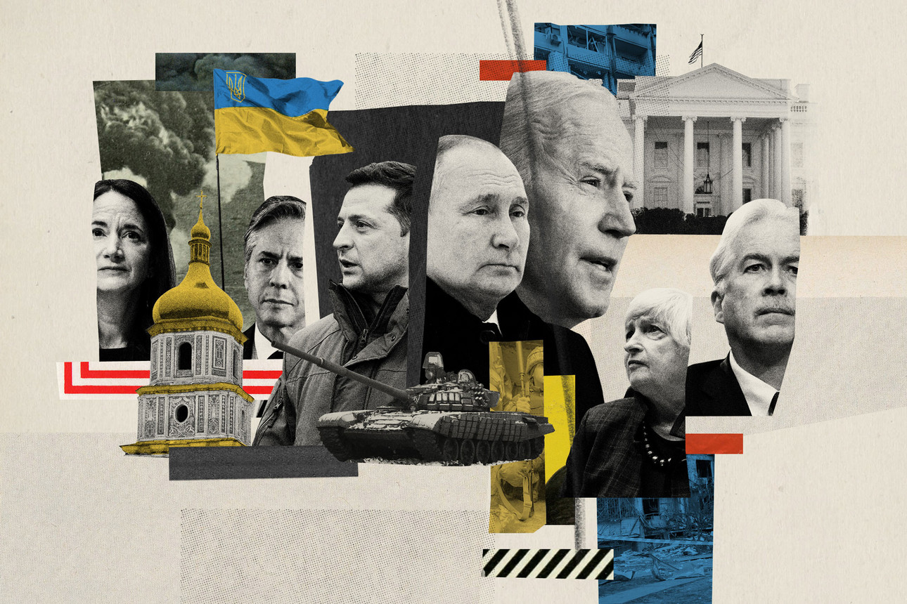 A photo collage with faces of Avril Haines, Tony Blinken, Volodymyr Zelenskyy, Vladimir Putin, Joe Biden, Janet Yellen and Bill Burns