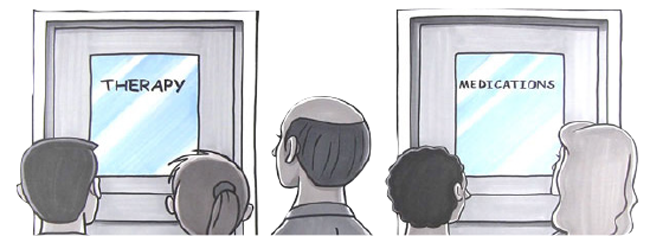 photo of cartoon people looking at Therapy door and Medications door