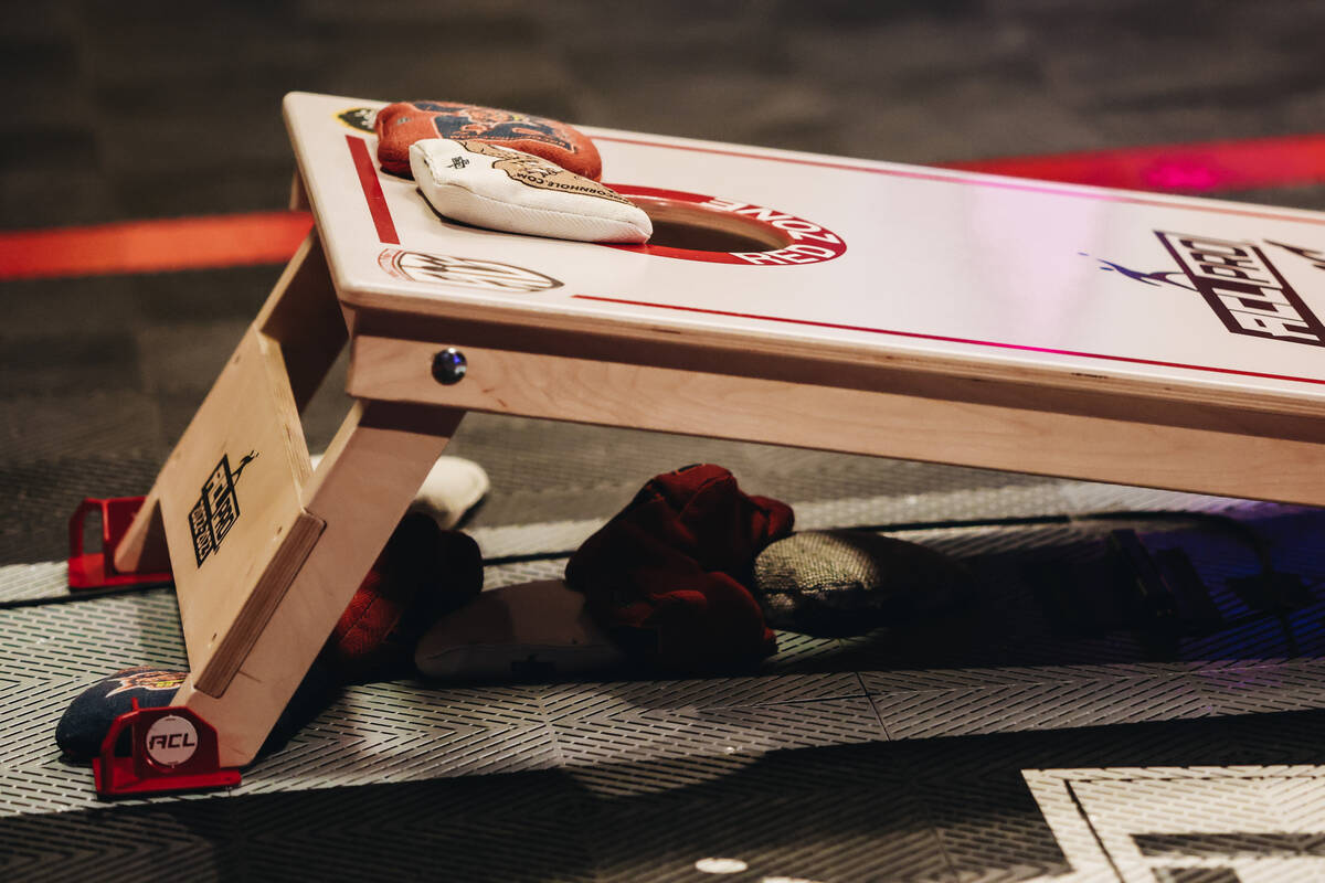 A cornhole board is seen during a professional cornhole matchup between the Las Vegas High Roll ...