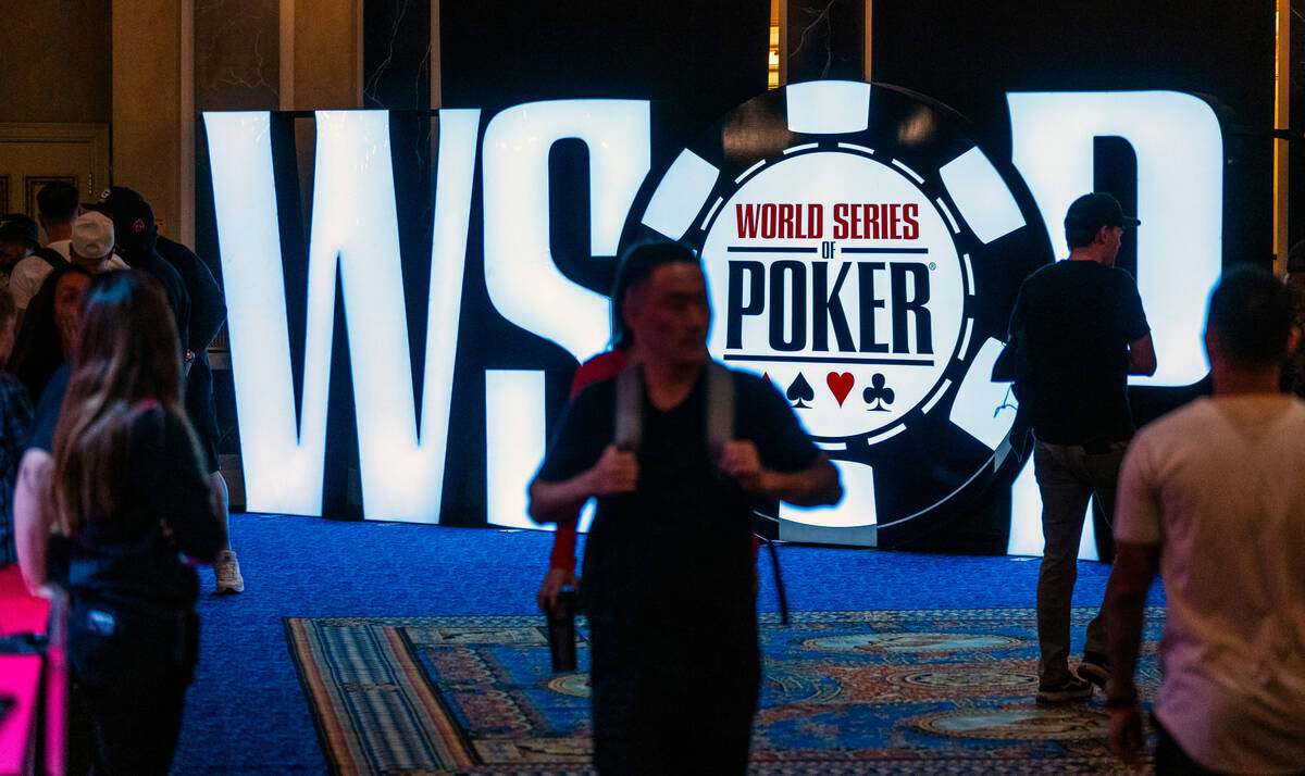 Logo for the WSOP during the opening event Champions Reunion No-Limit Hold’em Freezeout ...