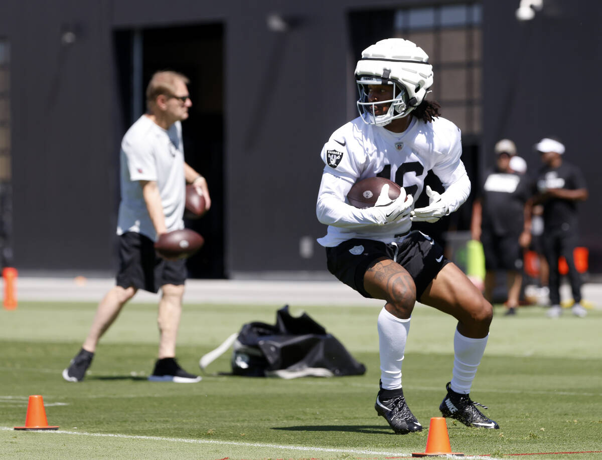 Raiders wide receiver Jakobi Meyers (16) runs through drills during organized team activities a ...