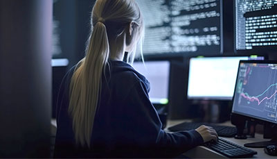 Person sitting at a wall of screens with code on it in a dark room.