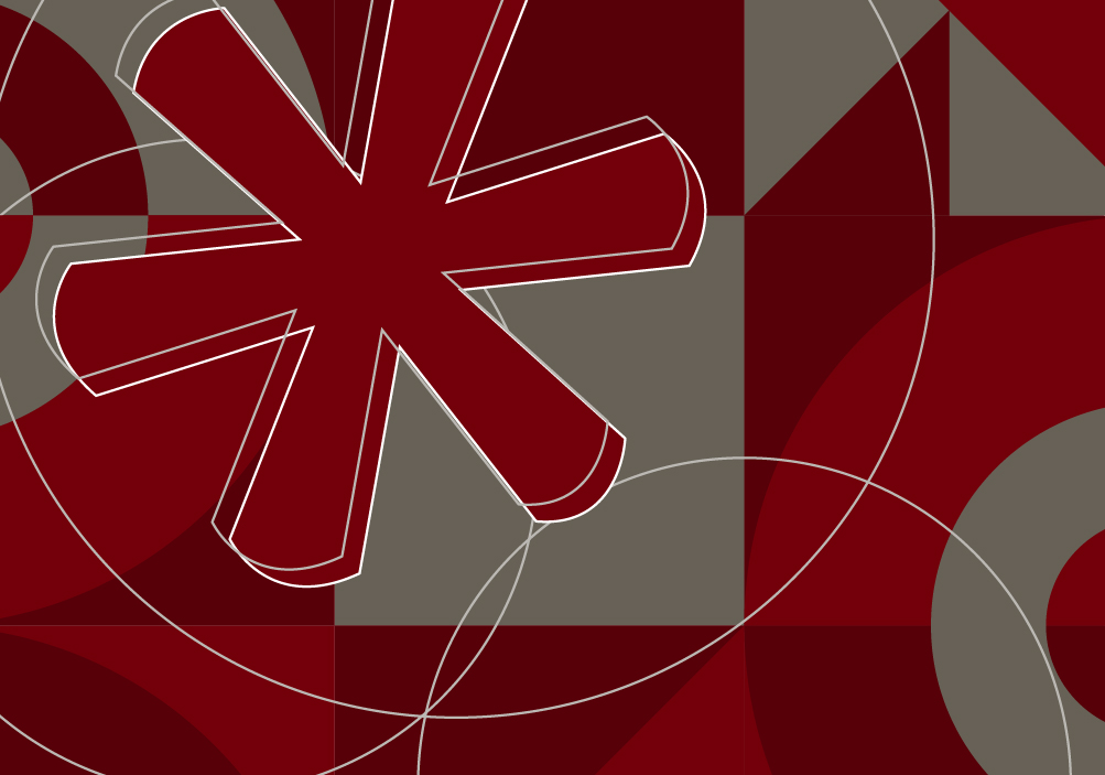 Illustration of an asterisk on a garnet background with lots of lines and shapes around it.  