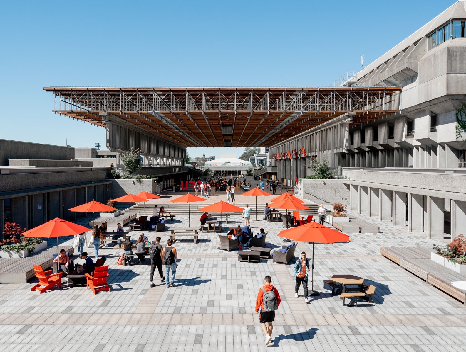 Students walking in Freedom Square at the Burnaby campus