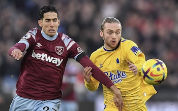 Nayef Aguerd of West Ham United and Tom Davies of Everton in action during their teams' Premier League match