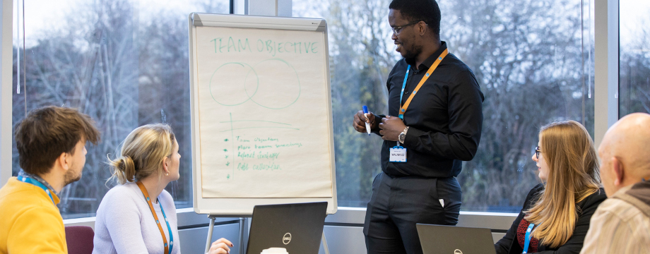 Group of people in a meeting with flip chart