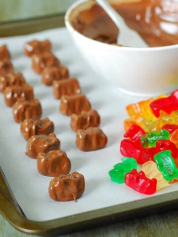 Chocolate covered gummy bears and plain gummy bears on a tray.