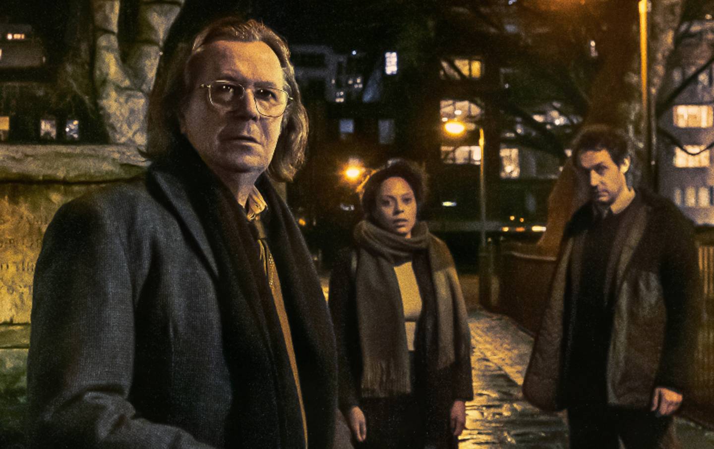 Gary Oldman, Rosalind Eleazar, and Dustin Demri-Burns in “Slow Horses.”