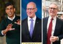 Tory Prime Minister Rishi Sunak (left), SNP First Minister John Swinney (centre), and Labour leader Keir Starmer