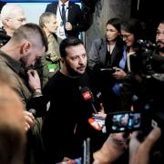 Ukrainian President Volodymyr Zelenskyy speaks to journalists, in Oslo, Wednesday