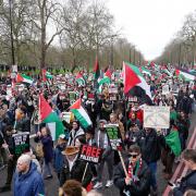 People take part in a pro-Palestine march in central London, organised by the Palestine Solidarity Campaign