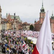 Polish farmers and other protesters gather in downtown Warsaw to protest the European Union's climate policies and Poland's pro-EU government, in Warsaw, Poland, Friday, May 10, 2024. (AP Photo/Czarek Sokolowski)