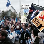 Yes activists protest outside BBC Scotland ahead of the 2014 referendum, and three papers' front pages from the day of the historic vote