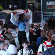 England fans at Central Park, Newcastle, watching a screening of the UEFA Euro 2024 Group C match between England and Slovenia.