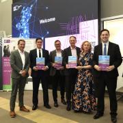 Tees Valley Mayor Ben Houchen, Helen Kemp, Group Director of Business & Skills at TVCA, Sophie Walton, from the Tees Valley Business Board, with members of iUK.