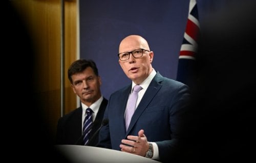 The shadow treasurer, Angus Taylor, and Opposition Leader Peter Dutton launch their nuclear energy plan on Wednesday.