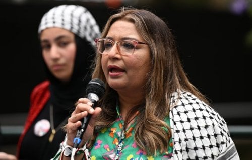 Greens Senator Mehreen Faruqi addresses pro-Palestinian protesters. 