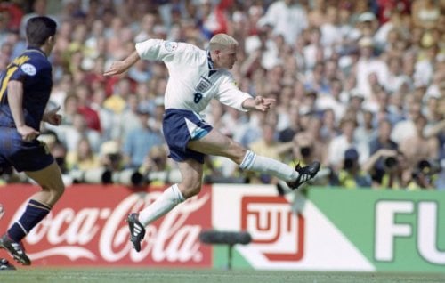 Paul Gascoigne volleys the ball for a stunning goal against Scotland in the 1996 Euros.