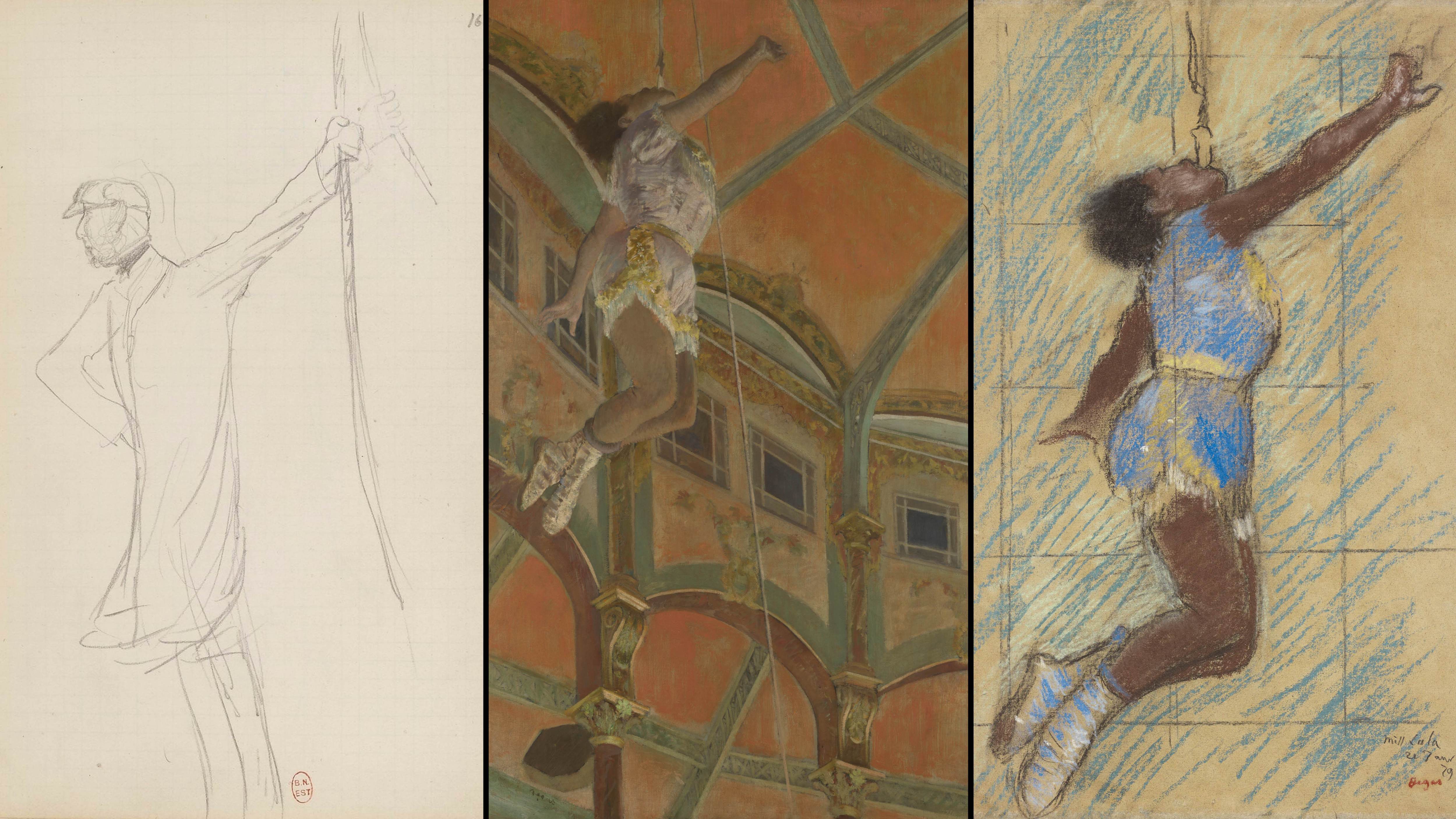 From left: Carnet no. 24; two versions of Miss Lala at the Cirque Fernando, 1879, by Edgar Degas. The latter our critic regards as one of the wilder paintings in the National Gallery’s collection