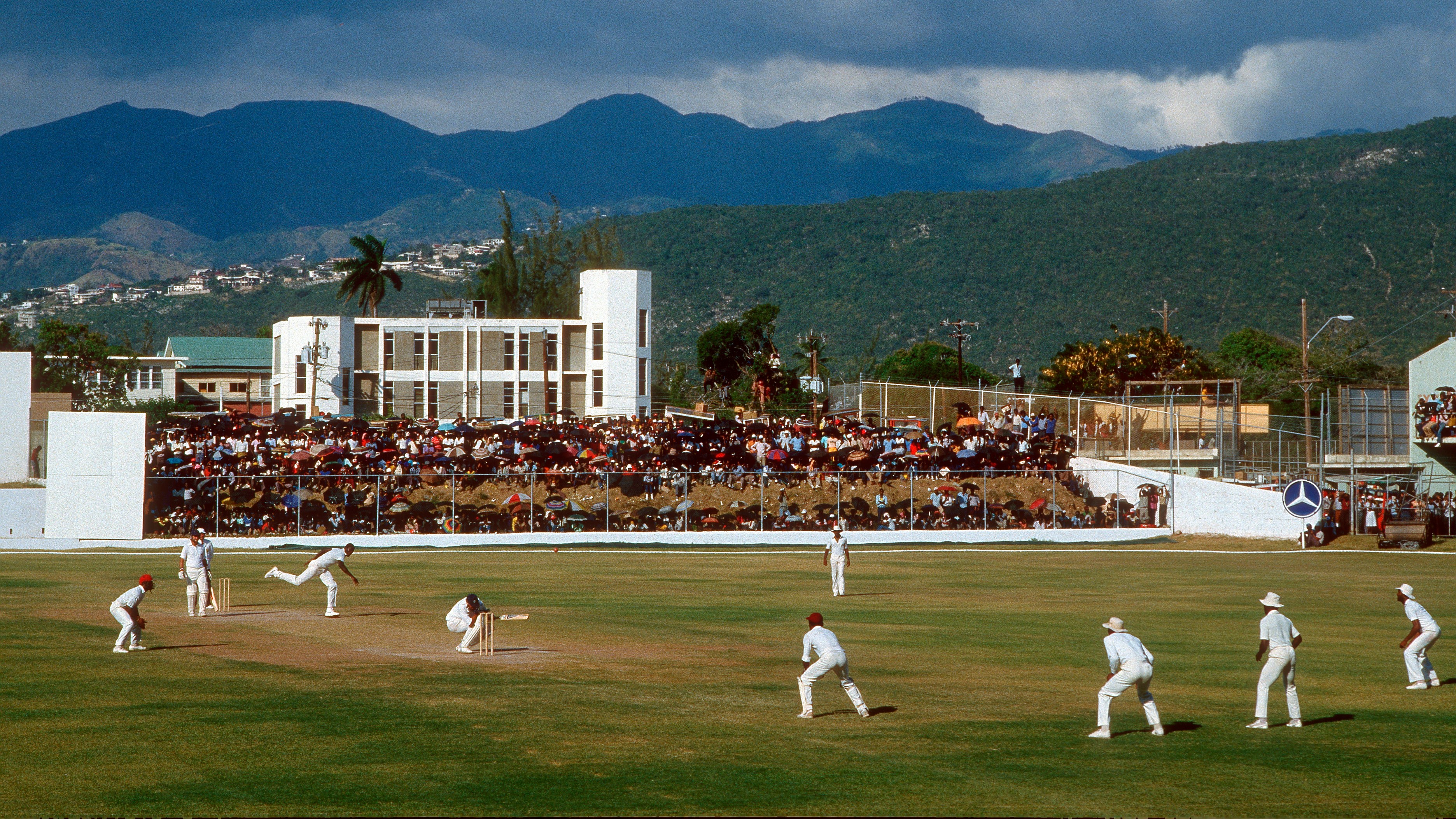 Joel Garner bowls a bouncer to Phil Edmonds in the first Test between West Indies and England in Kingston in 1986
