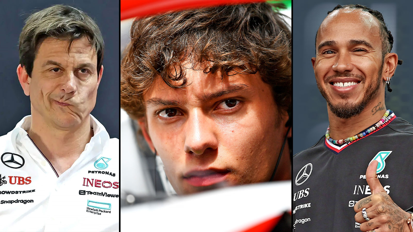 With Mercedes in limbo, Toto Wolff, the team principal, left, needs a short-term fix and Andrea Kimi Antonelli, centre, already has Lewis Hamilton’s seal of approval