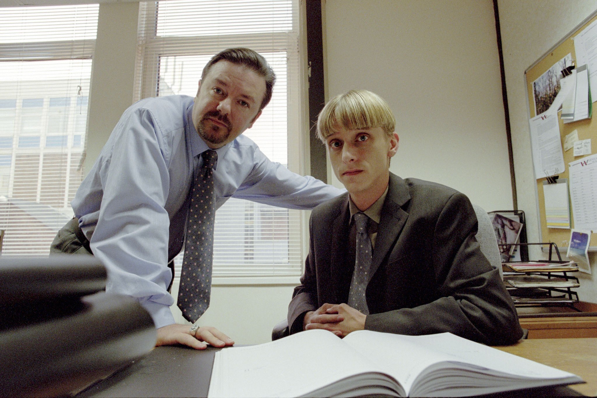 Ricky Gervais as manager David Brent and MacKenzie Crook as Gareth Keenan his assistant in The Office
