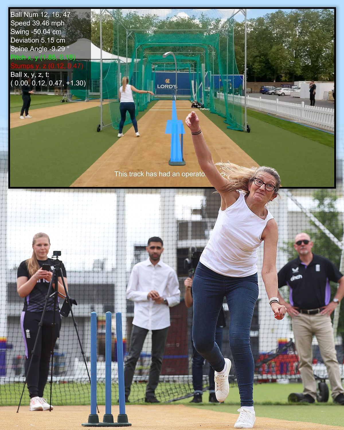 Lizzie rolls back the years in front of the ECB’s data and insights team and, left, umpire Suri Shanmugam