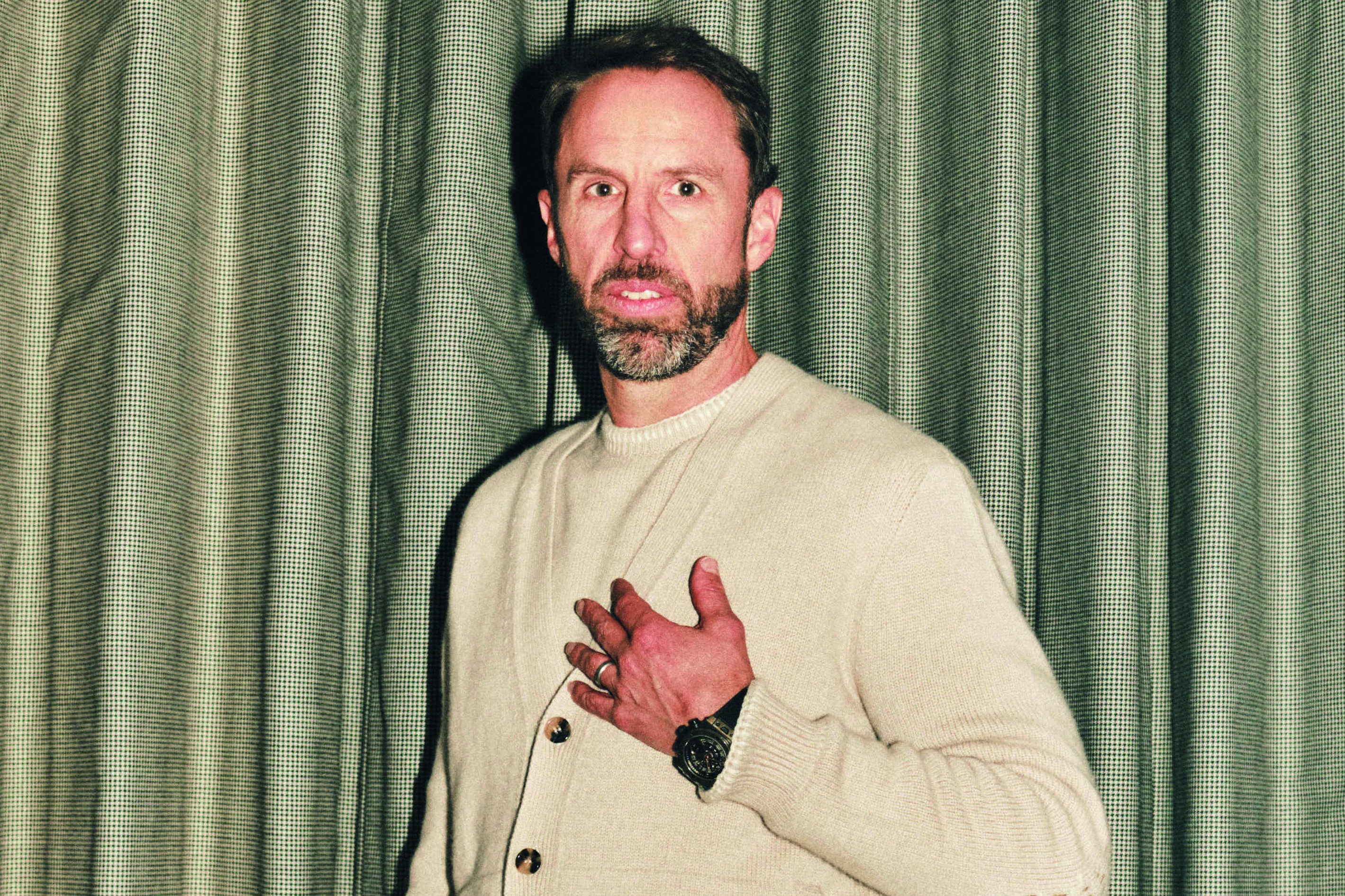 Gareth Southgate was photographed wearing a cardigan for GQ by Niall Hodson