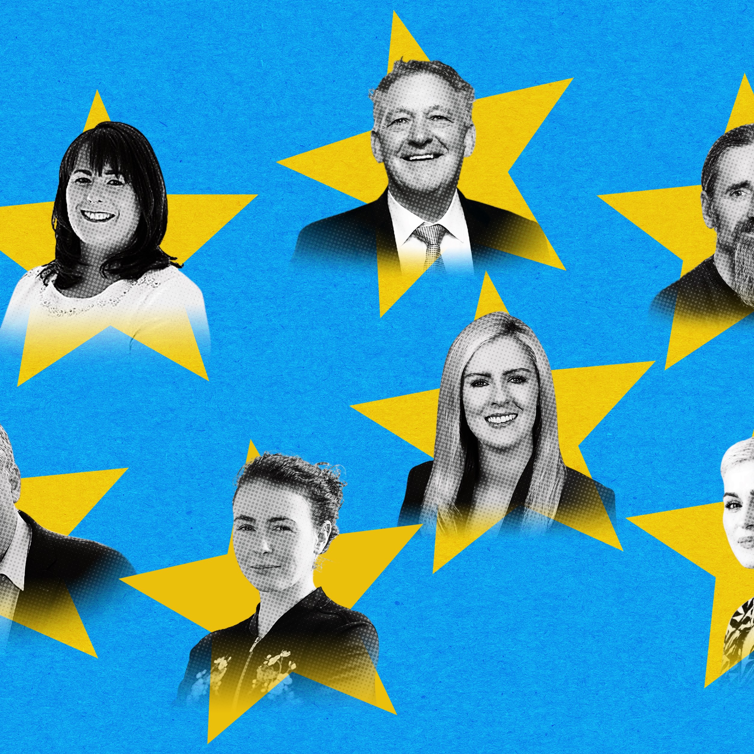 Midlands-North-West MEP candidates, clockwise from top: Peter Casey, Luke “Ming” Flanagan, Maria Walsh, Saoirse McHugh, Ciaran Mullooly, Michelle Gildernew and, centre, Lisa Chambers