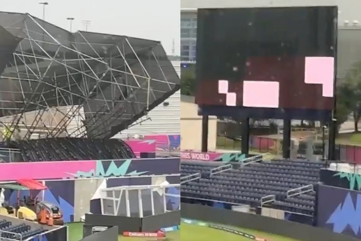 Scaffolding, left, and a giant screen at the Grand Prairie Stadium in Texas were damaged by a tornado