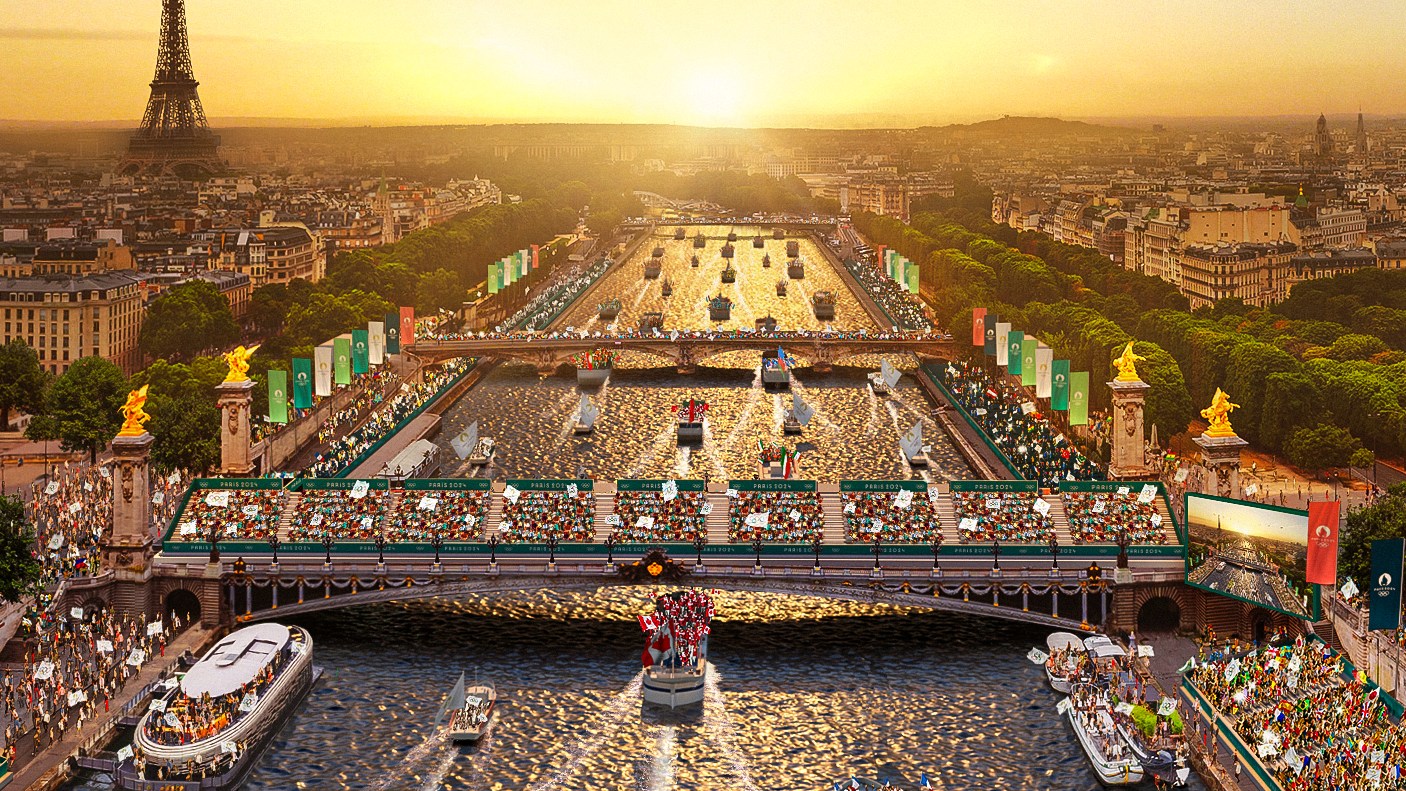 An artist’s impression of the opening ceremony, which will be held on the Seine