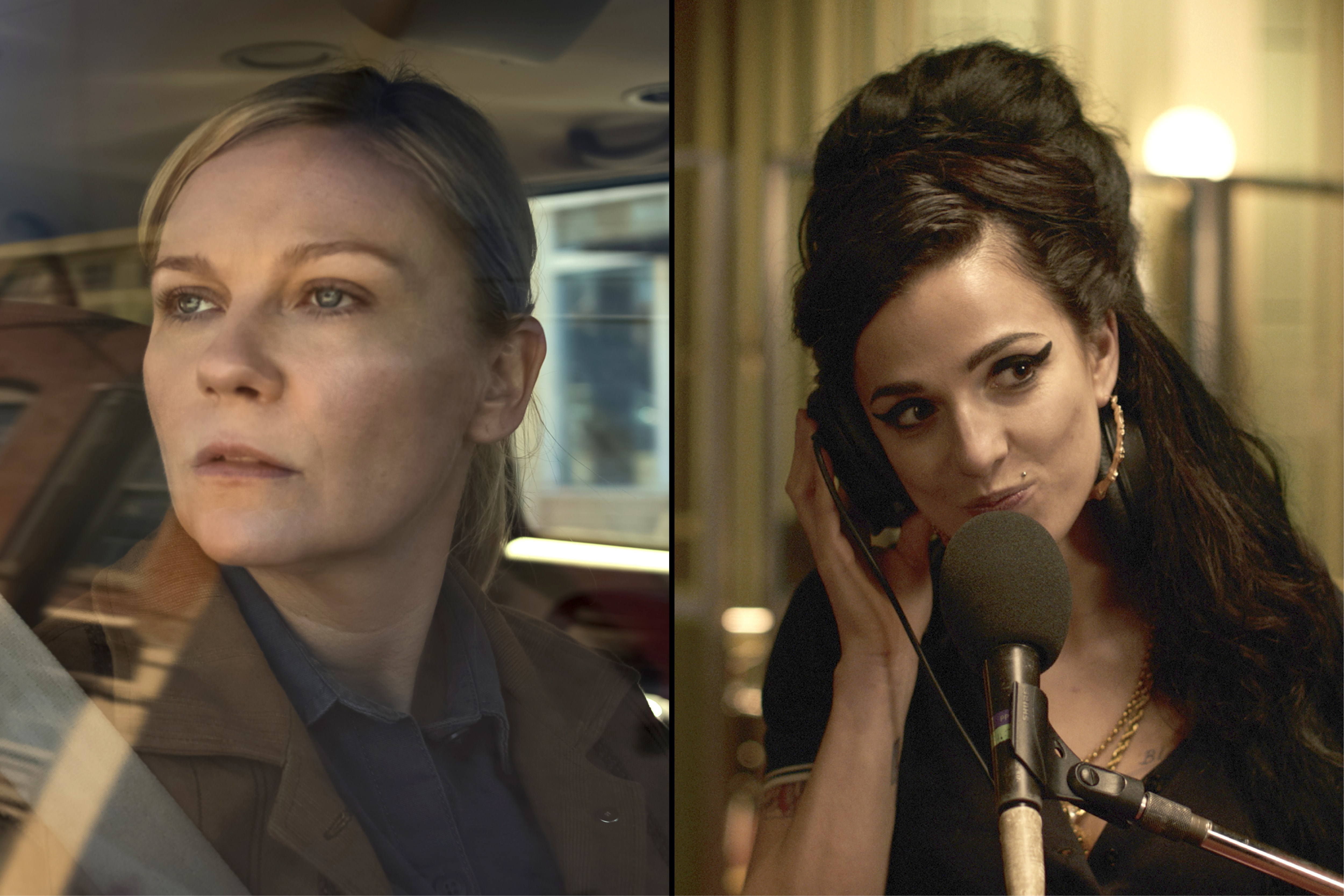 Left: Kirsten Dunst in Civil War. Right: Marisa Abela as Amy Winehouse in Back to Black