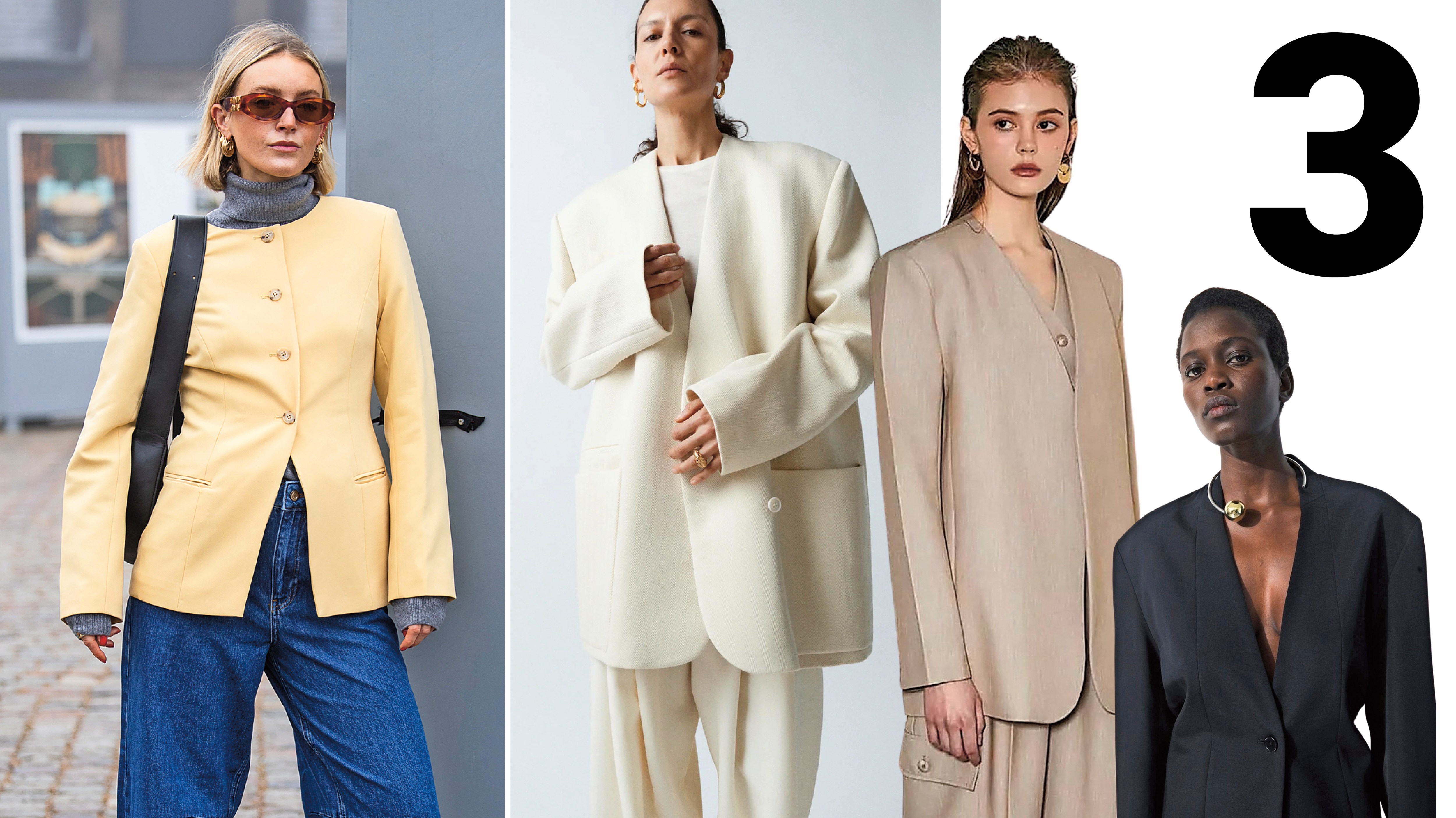 From left: yellow blazer, £165, aligne.co; cream blazer, £416, Raey; taupe blazer, £49, amrlondon.co.uk; black blazer, £95, cos.com