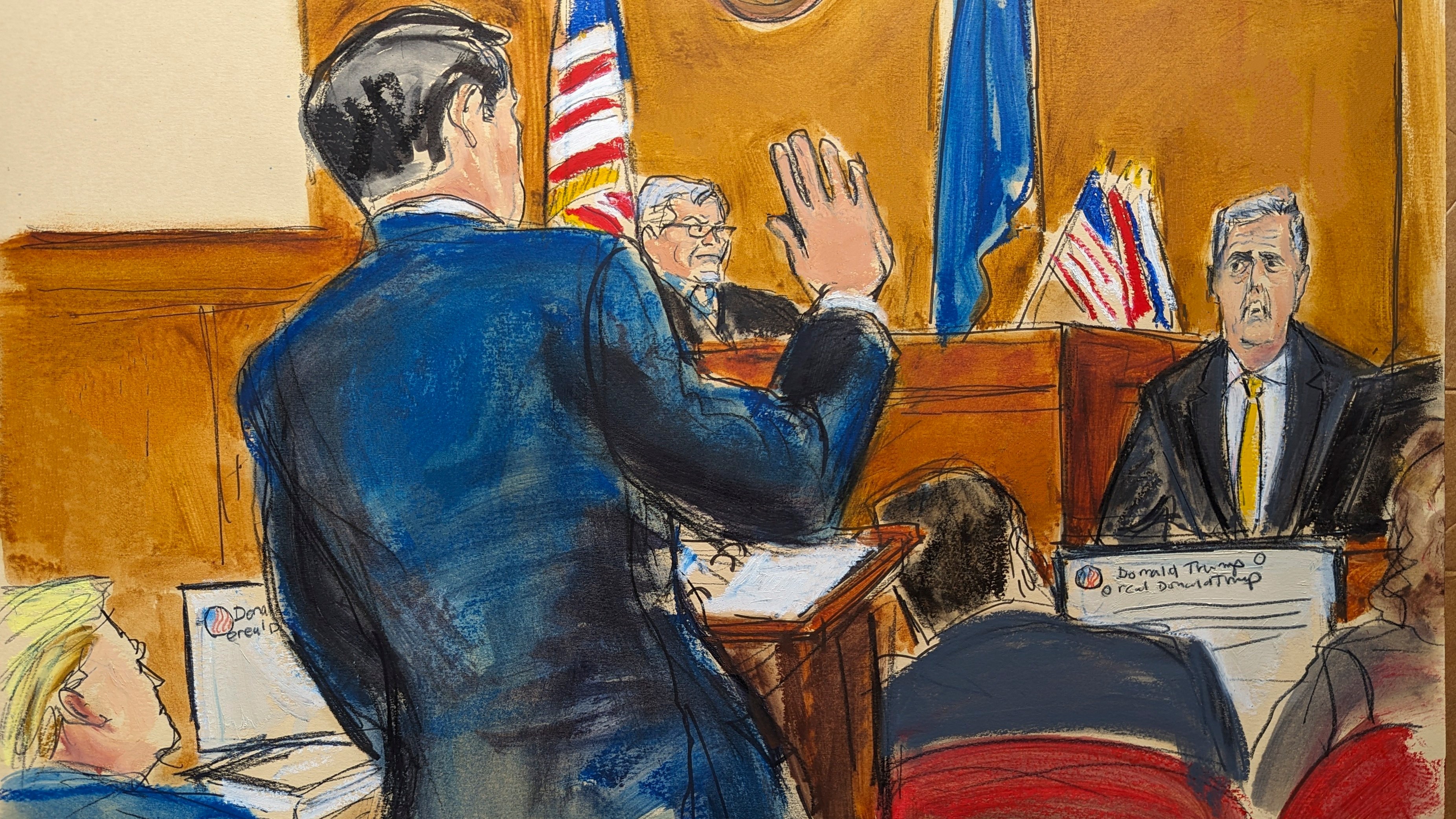 The defence lawyer Todd Blanche questions Michael Cohen at the Manhattan criminal court on Thursday